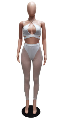 Fashion Sexy Shiny Silver Thread Wrapped Chest Hollow Perspective Tight Two-piece Set