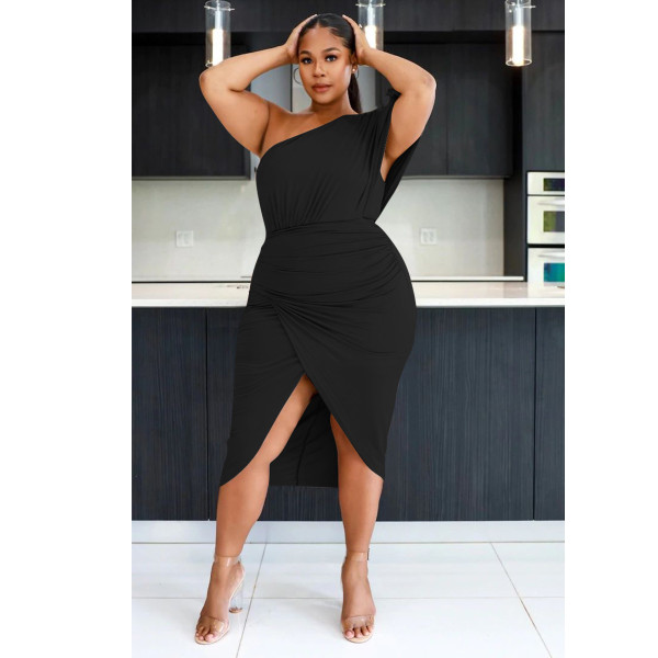 Sexy irregular skirt solid color plus fat increase women's mid-length plus size dress