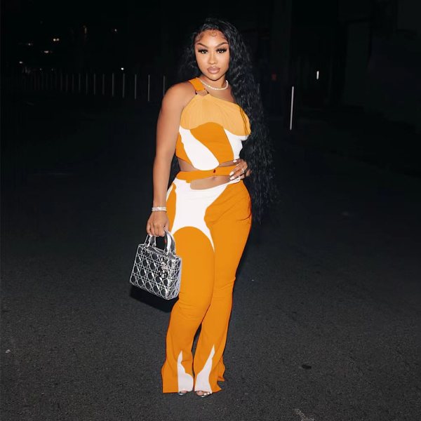 Multicolor stitching zipper trousers split one shoulder round button sexy fashion fashion suit