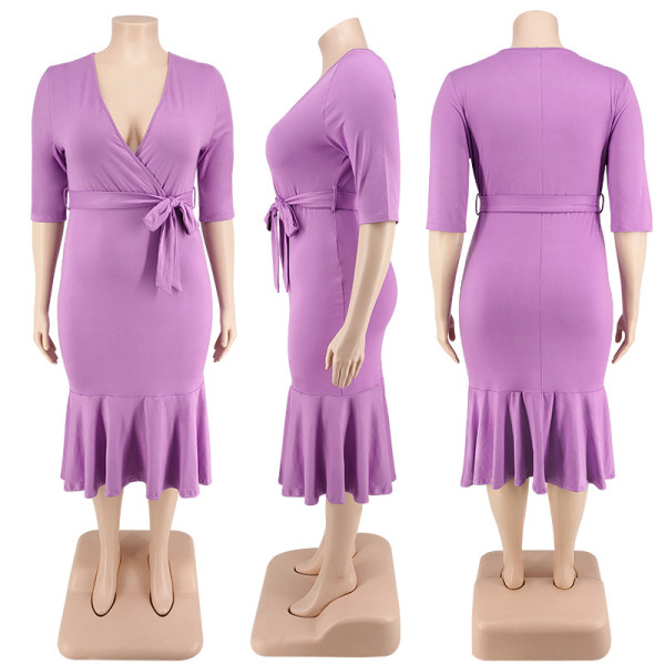 Plus Size Women's Summer New V-Neck Round Tailor Sleeve Dress