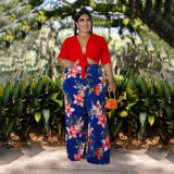 Plus Size Solid Color Top Tie Print Pants Two Piece Set