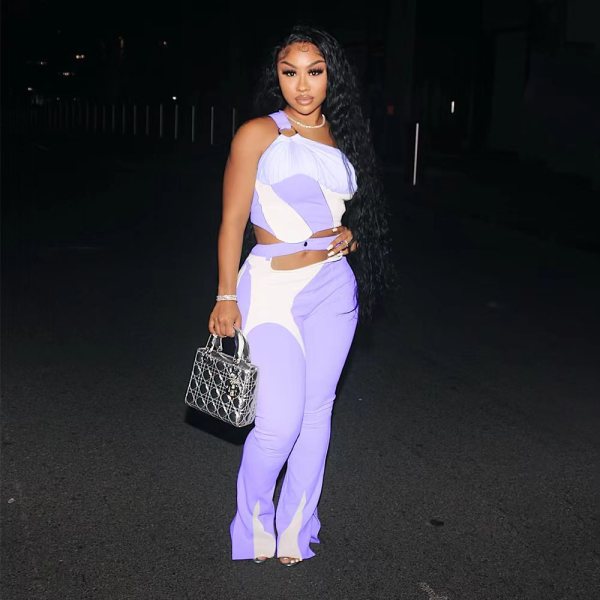 Multicolor stitching zipper trousers split one shoulder round button sexy fashion fashion suit
