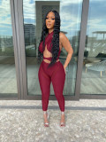 Sexy Hollow Halter Cross Solid Color Mesh Splicing Perspective Two-piece Set