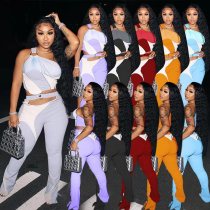 Multicolor stitching zipper trousers split one shoulder round button sexy fashion fashion suit Multicolor stitching zipper trousers split one shoulder round button sexy fashion fashion suit