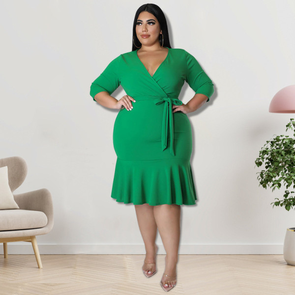 Plus Size Women's Summer New V-Neck Round Tailor Sleeve Dress
