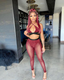 Fashion Sexy Shiny Silver Thread Wrapped Chest Hollow Perspective Tight Two-piece Set