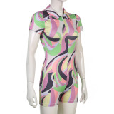 Contrast Patchwork Printed Lapel Low Neck Deep V Short Sleeve Bodysuit