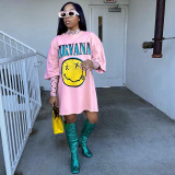 Loose Letter Print Athleisure Smiley Short Sleeves