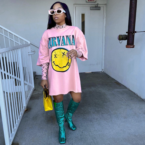 Loose Letter Print Athleisure Smiley Short Sleeves