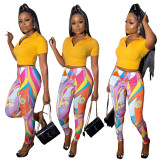 V-neck T-shirt top and printed trousers two-piece set