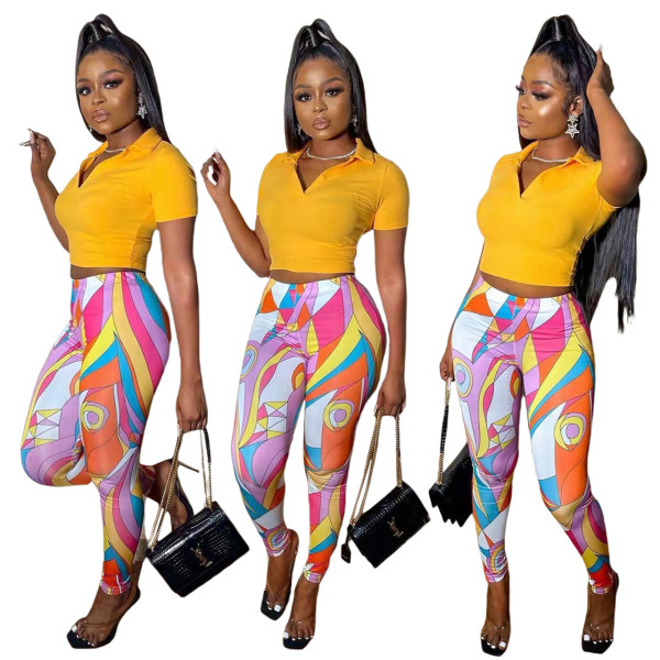 V-neck T-shirt top and printed trousers two-piece set