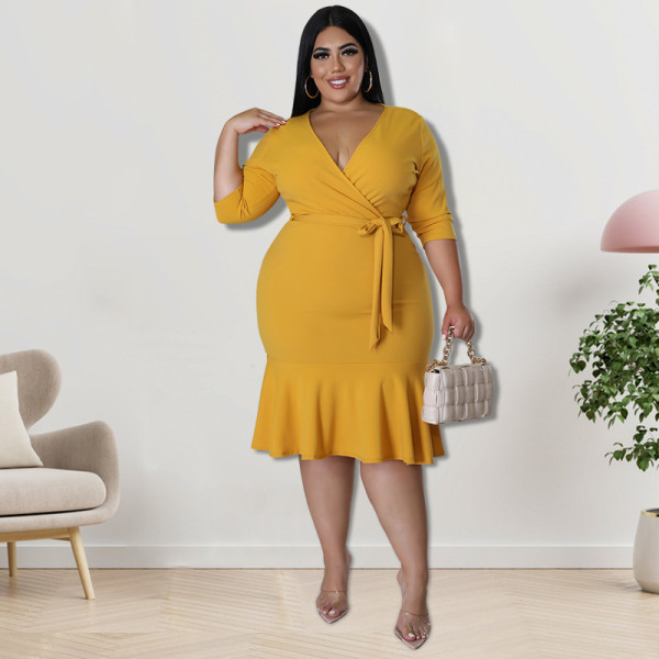 Plus Size Women's Summer New V-Neck Round Tailor Sleeve Dress