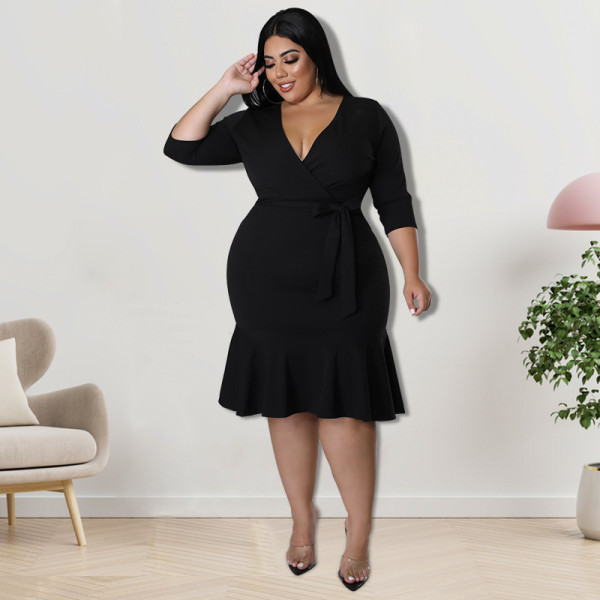 Plus Size Women's Summer New V-Neck Round Tailor Sleeve Dress