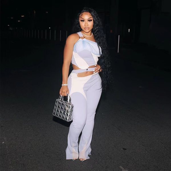 Multicolor stitching zipper trousers split one shoulder round button sexy fashion fashion suit