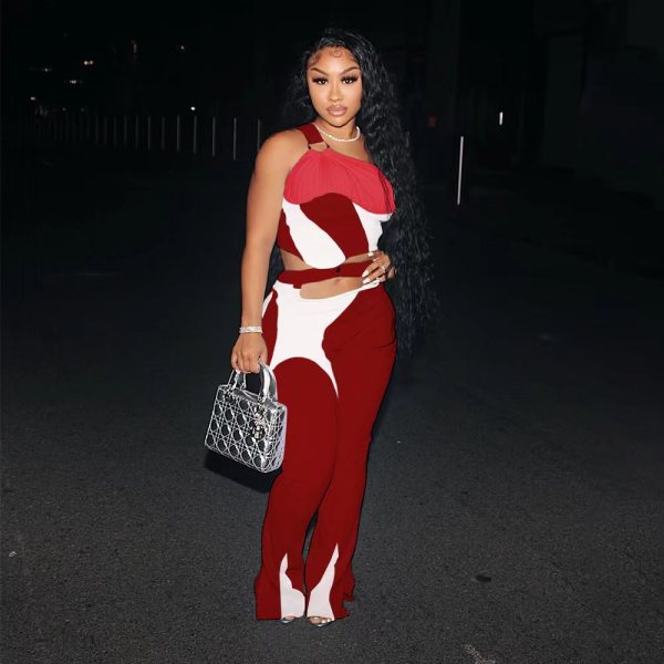 Multicolor stitching zipper trousers split one shoulder round button sexy fashion fashion suit