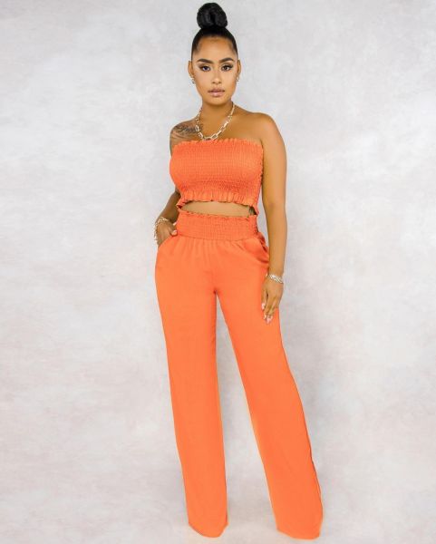 Solid color sexy pleated wrap chest pocket loose wide leg pants casual two-piece set