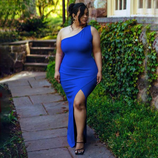 Sexy Leaky Shoulder Split Temperament Solid Color Dress Dress