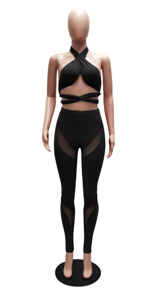 Sexy Hollow Halter Cross Solid Color Mesh Splicing Perspective Two-piece Set