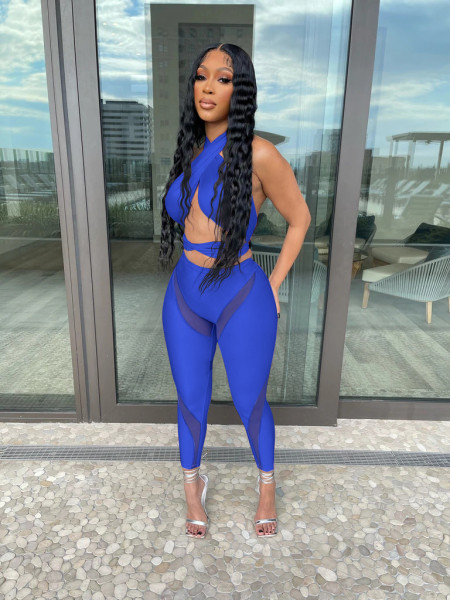 Sexy Hollow Halter Cross Solid Color Mesh Splicing Perspective Two-piece Set