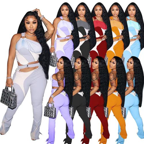 Multicolor stitching zipper trousers split one shoulder round button sexy fashion fashion suit