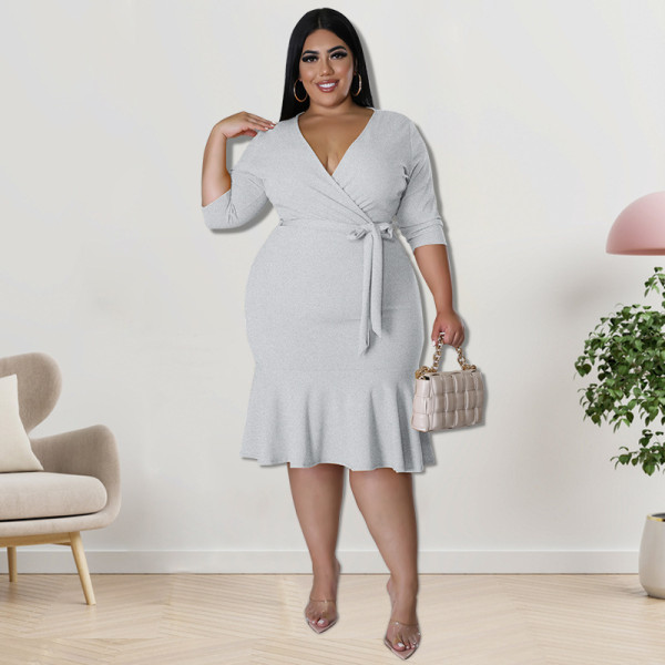 Plus Size Women's Summer New V-Neck Round Tailor Sleeve Dress