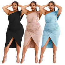Sexy irregular skirt solid color plus fat increase women's mid-length plus size dress