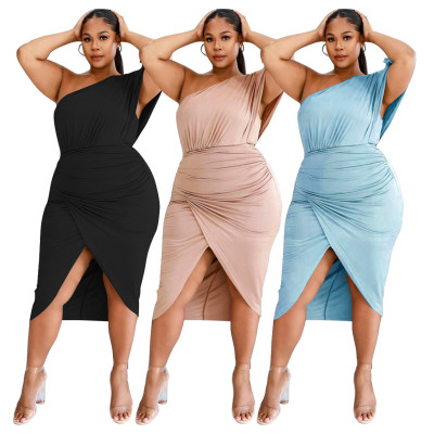 Sexy irregular skirt solid color plus fat increase women's mid-length plus size dress