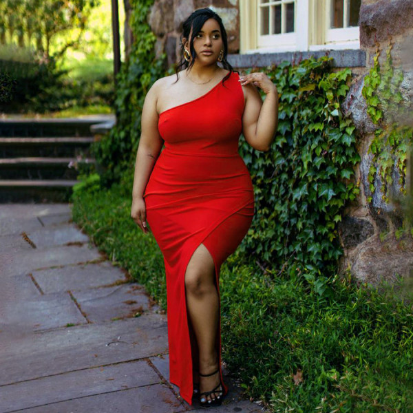 Sexy Leaky Shoulder Split Temperament Solid Color Dress Dress