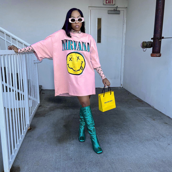 Loose Letter Print Athleisure Smiley Short Sleeves