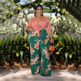 Plus Size Solid Color Top Tie Print Pants Two Piece Set