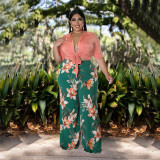 Plus Size Solid Color Top Tie Print Pants Two Piece Set