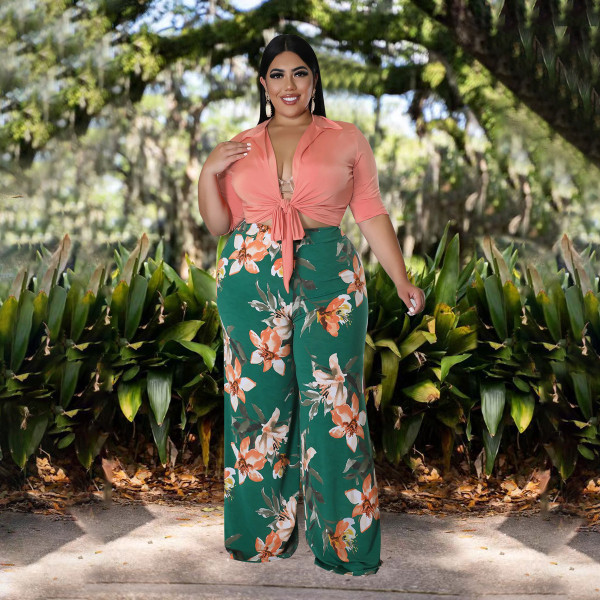 Plus Size Solid Color Top Tie Print Pants Two Piece Set