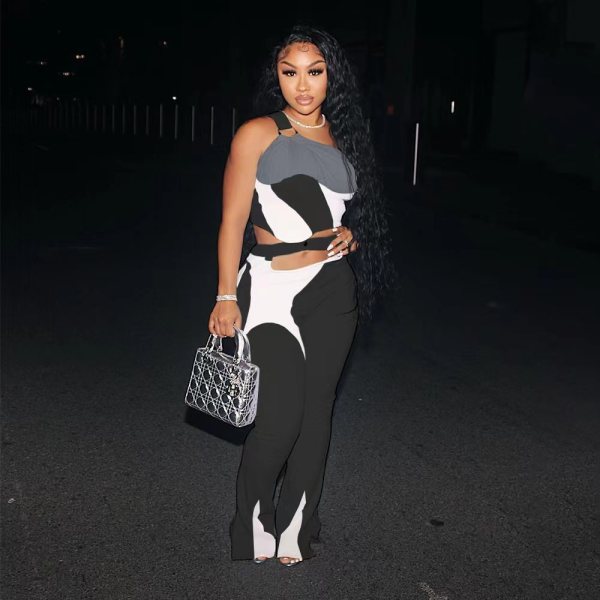 Multicolor stitching zipper trousers split one shoulder round button sexy fashion fashion suit