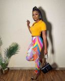 V-neck T-shirt top and printed trousers two-piece set