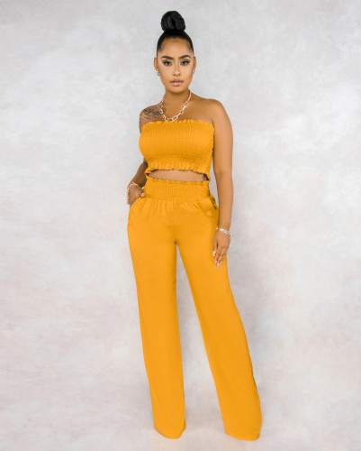 Solid color sexy pleated wrap chest pocket loose wide leg pants casual two-piece set