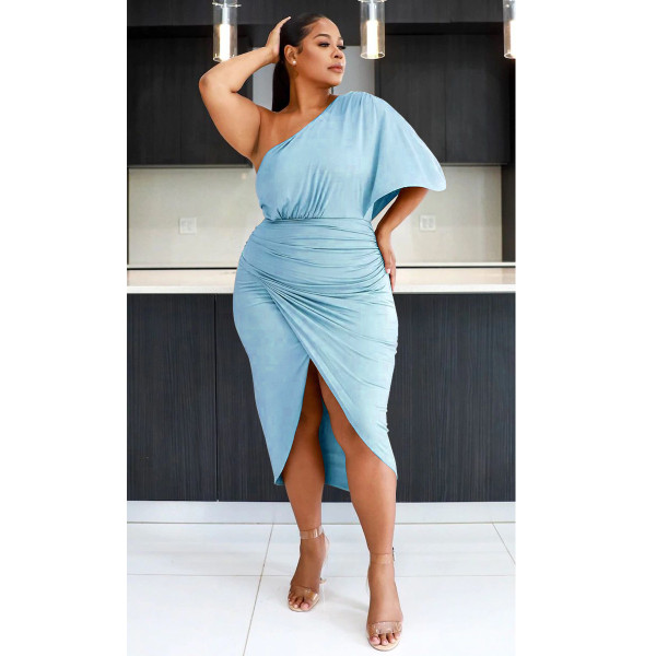 Sexy irregular skirt solid color plus fat increase women's mid-length plus size dress