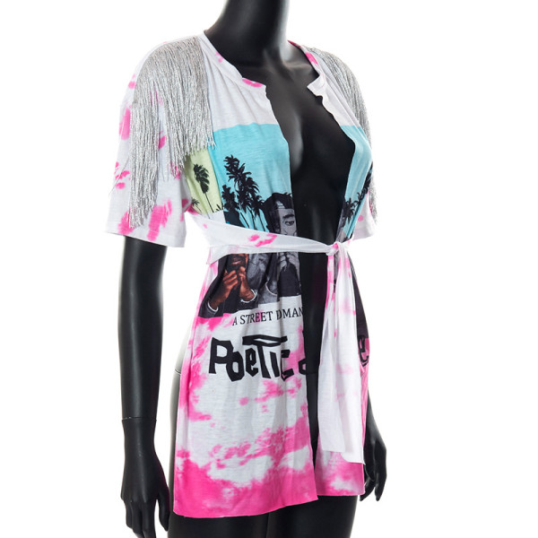 Fashion Printed Hip Hop Street Casual Fringe Lace-Up Short Sleeve T-Shirt