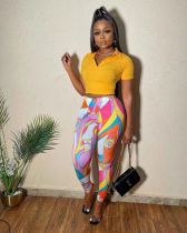 V-neck T-shirt top and printed trousers two-piece set V-neck T-shirt top and printed trousers two-piece set