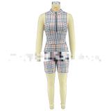 Check Print Zip Casual Sleeveless Shorts Two-Piece Set
