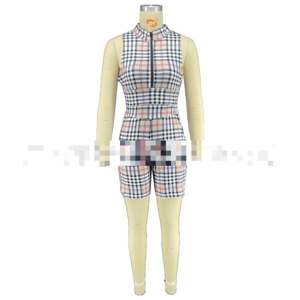 Check Print Zip Casual Sleeveless Shorts Two-Piece Set