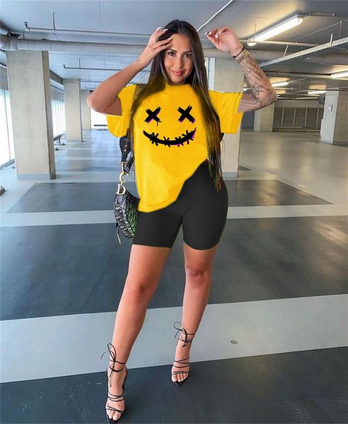 Smiley Print Short Sleeve Casual Sports Suit