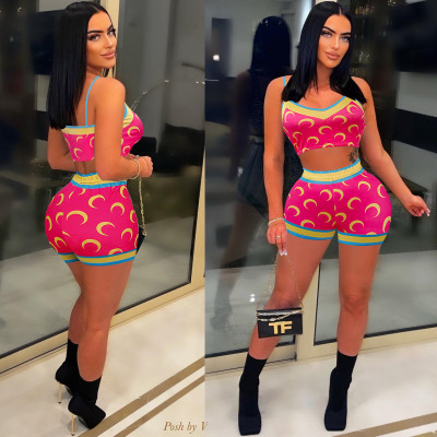 Fashion Women's Suit Contrast Color Moon Print Sexy Navel Sling Top + Shorts