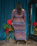 Plus size women's printed straight woolen off-the-shoulder long-sleeved hip-length dress two-piece set