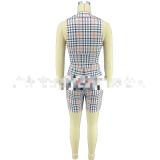 Check Print Zip Casual Sleeveless Shorts Two-Piece Set
