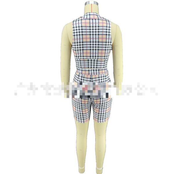 Check Print Zip Casual Sleeveless Shorts Two-Piece Set