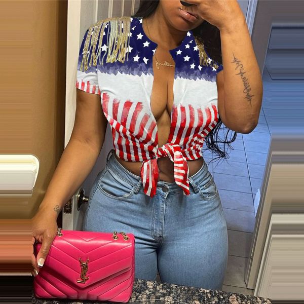 Casual Women's Street Trend Printed Tassel Slit Short Sleeve Knotted T-Shirt Top