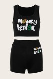 Letters Printed Short Sleeve T-Shirt Shorts Casual Sports Two-piece Set