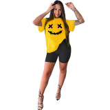 Smiley Print Short Sleeve Casual Sports Suit