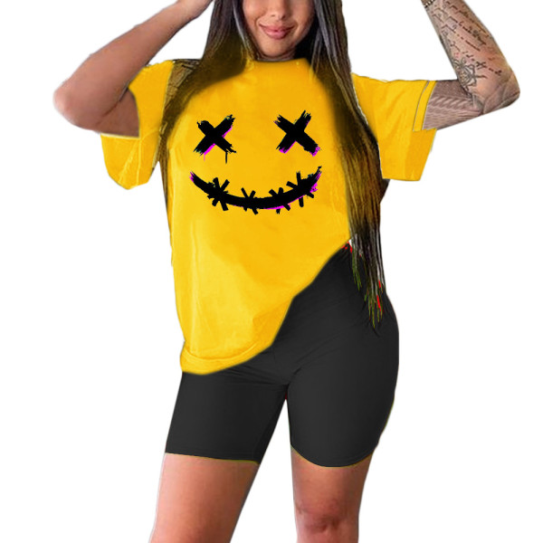Smiley Print Short Sleeve Casual Sports Suit