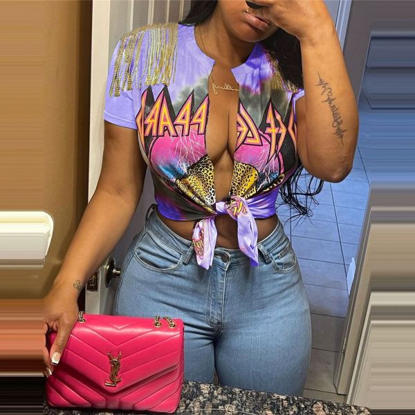 Casual Women's Street Trend Printed Tassel Slit Short Sleeve Knotted T-Shirt Top